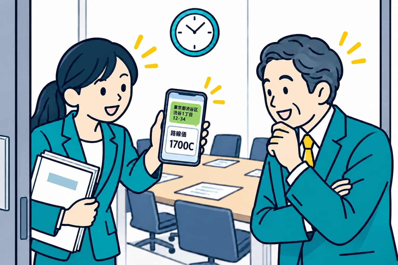 会議の直前、LINEに届いた路線価「1700C」をスマホで上司と確認する女性担当者