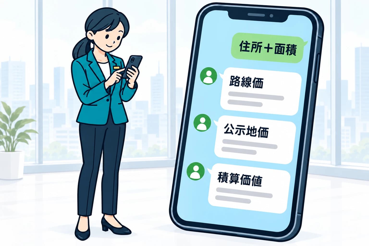 立ってスマホを操作し、穏やかに微笑む女性。その横に、路線価・公示地価・積算価値の３つの返信が届いた画面を大きく表示している