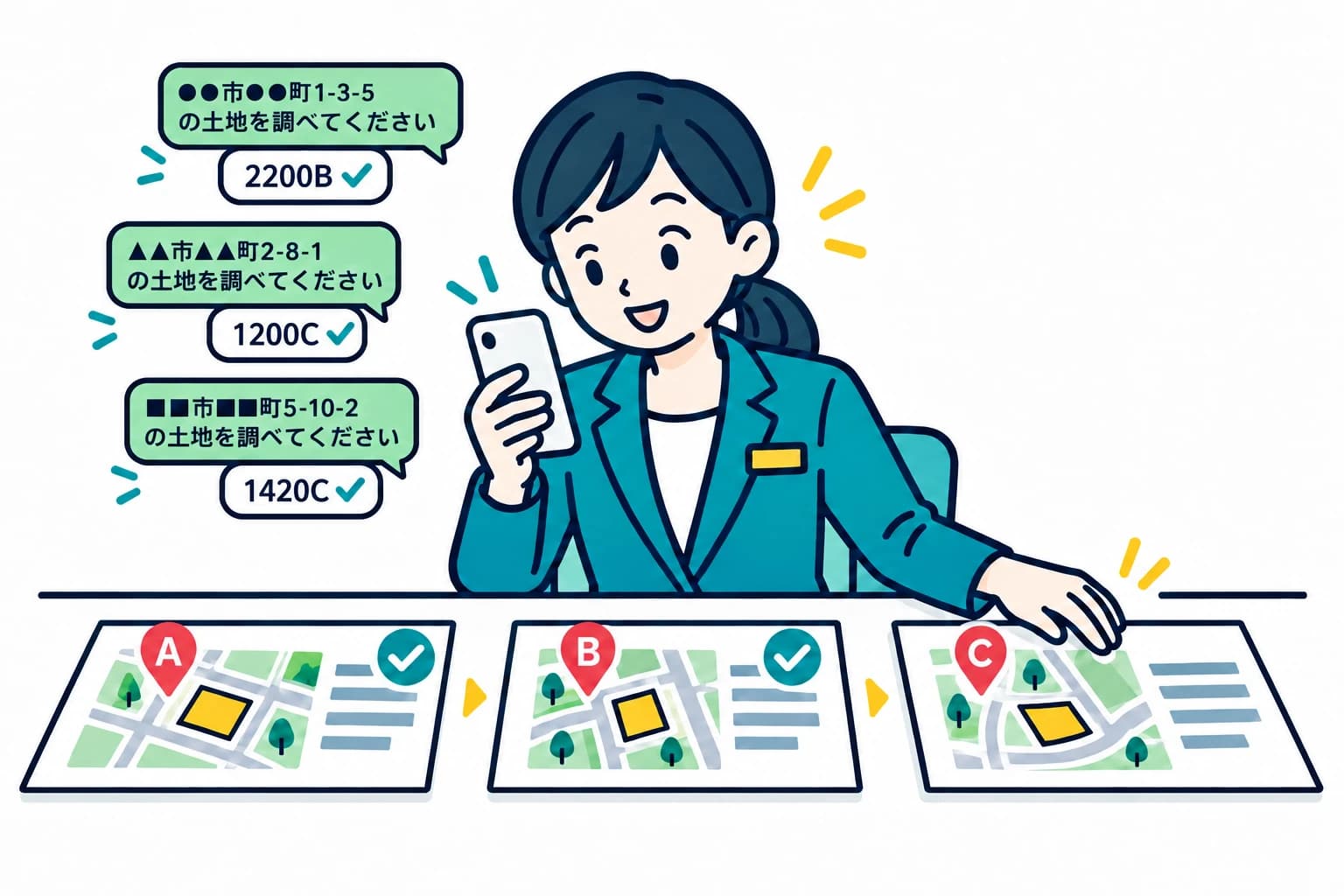 異なる物件の住所を順番に送り、路線価の確認をテンポよく進める女性担当者