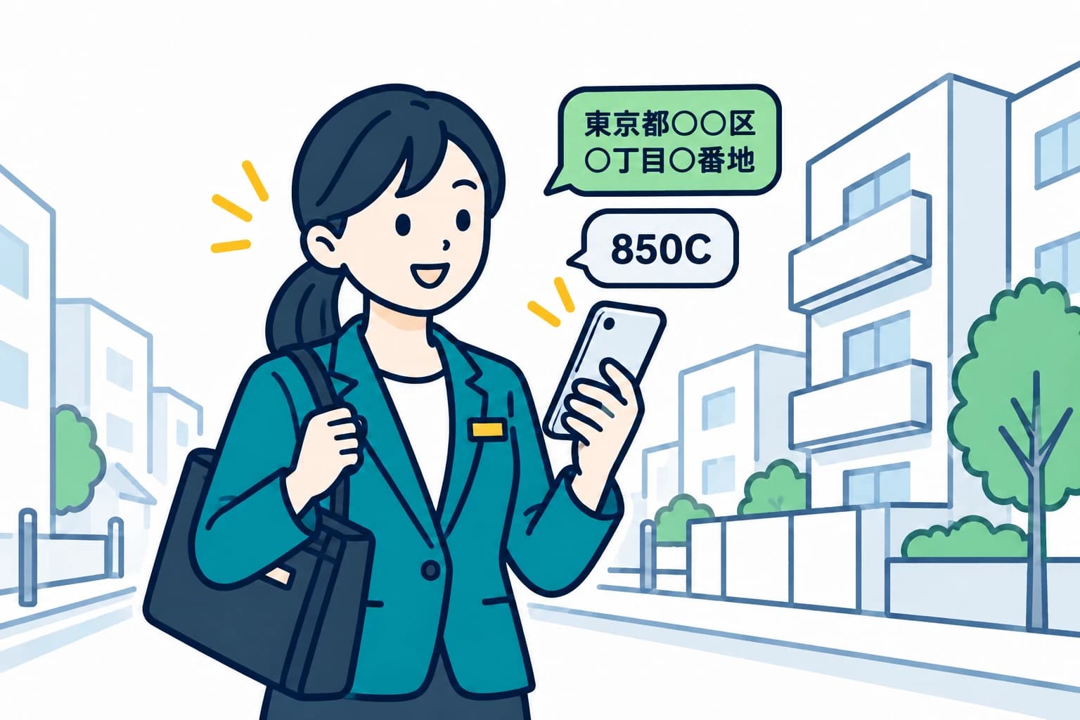 外出先の街中で、LINEから住所を送って路線価を確認する女性担当者
