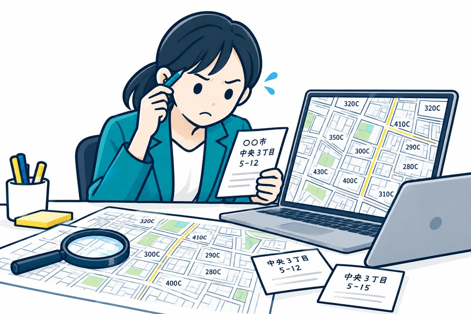 住所のメモと路線価図を見比べ、道路の数字を探すのに苦労している女性担当者