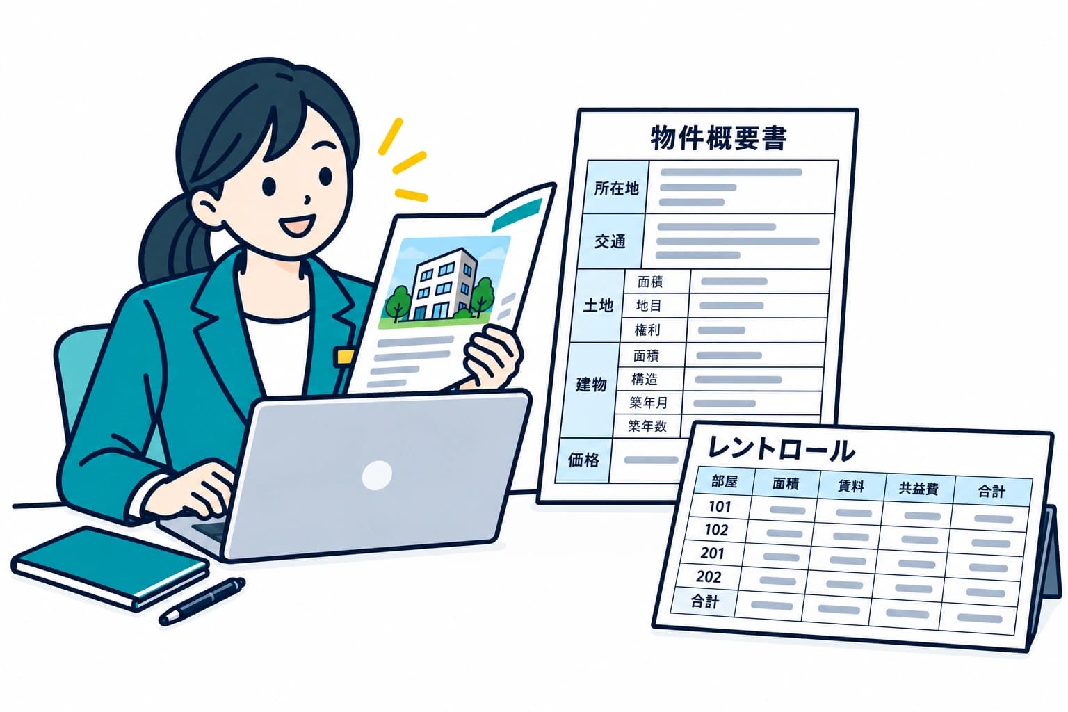 販売図面から、所在地や土地・建物情報をまとめた物件概要書と、部屋別の面積・賃料を一覧にしたレントロールを作成する場面