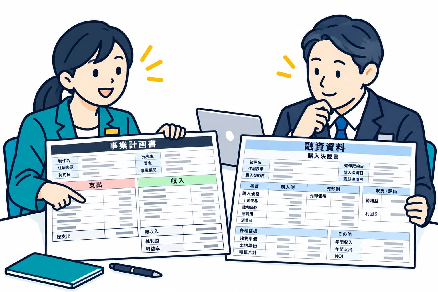 支出と収入を計算する事業計画書と、購入・売却価格や収支をまとめた融資提出用の購入決裁書を確認する場面