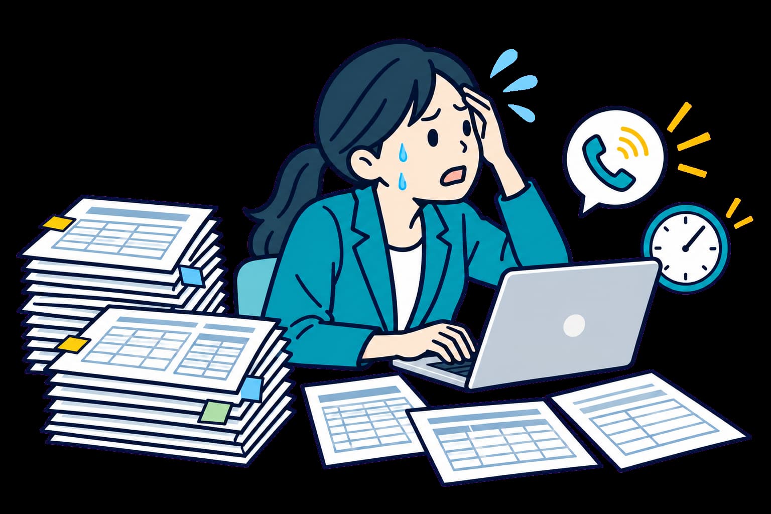 積み上がった書類と鳴る電話に追われ、右を向いて焦る担当者