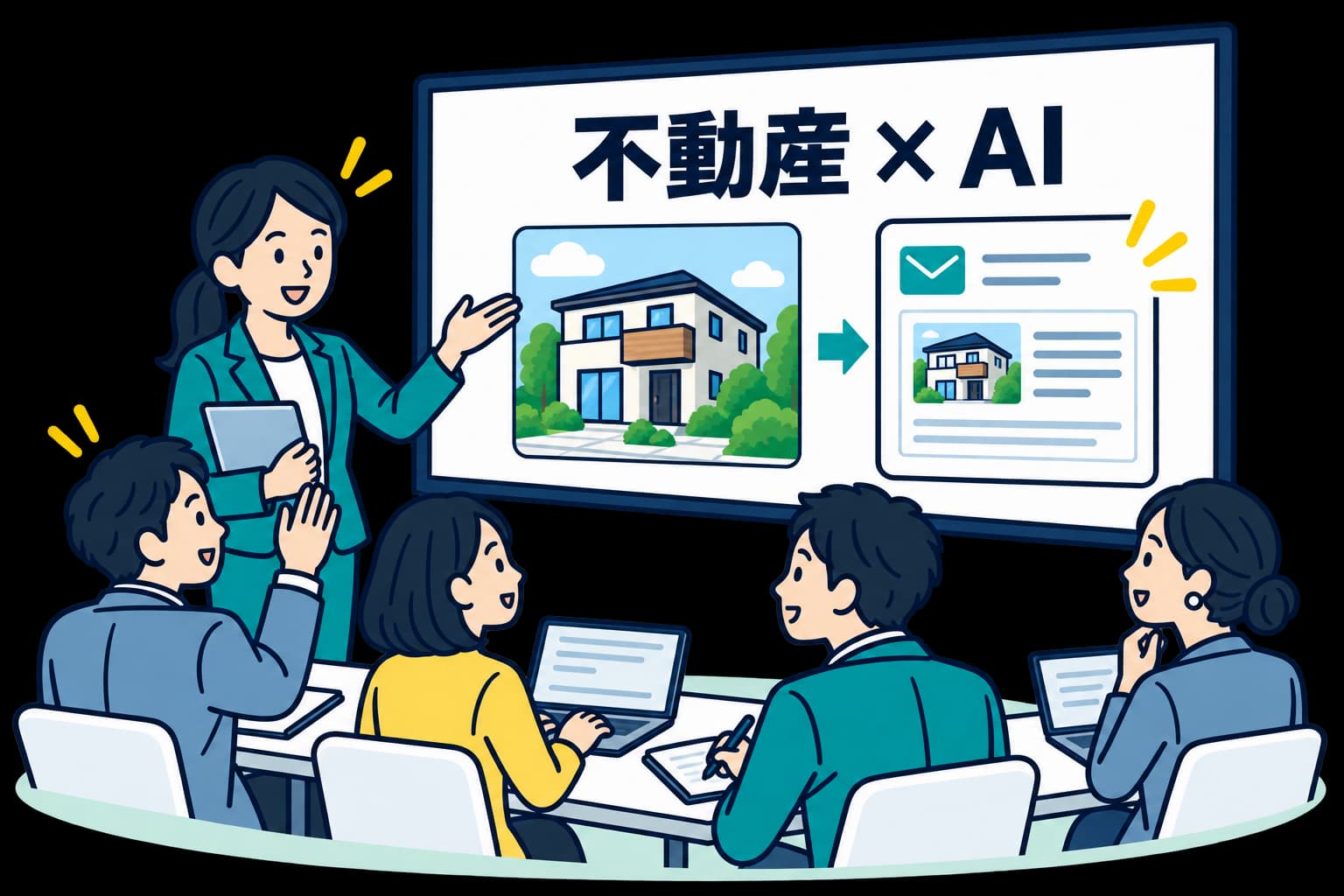 大きなスクリーンで不動産AIの活用を学び、質問やPC操作に参加する実践セミナー