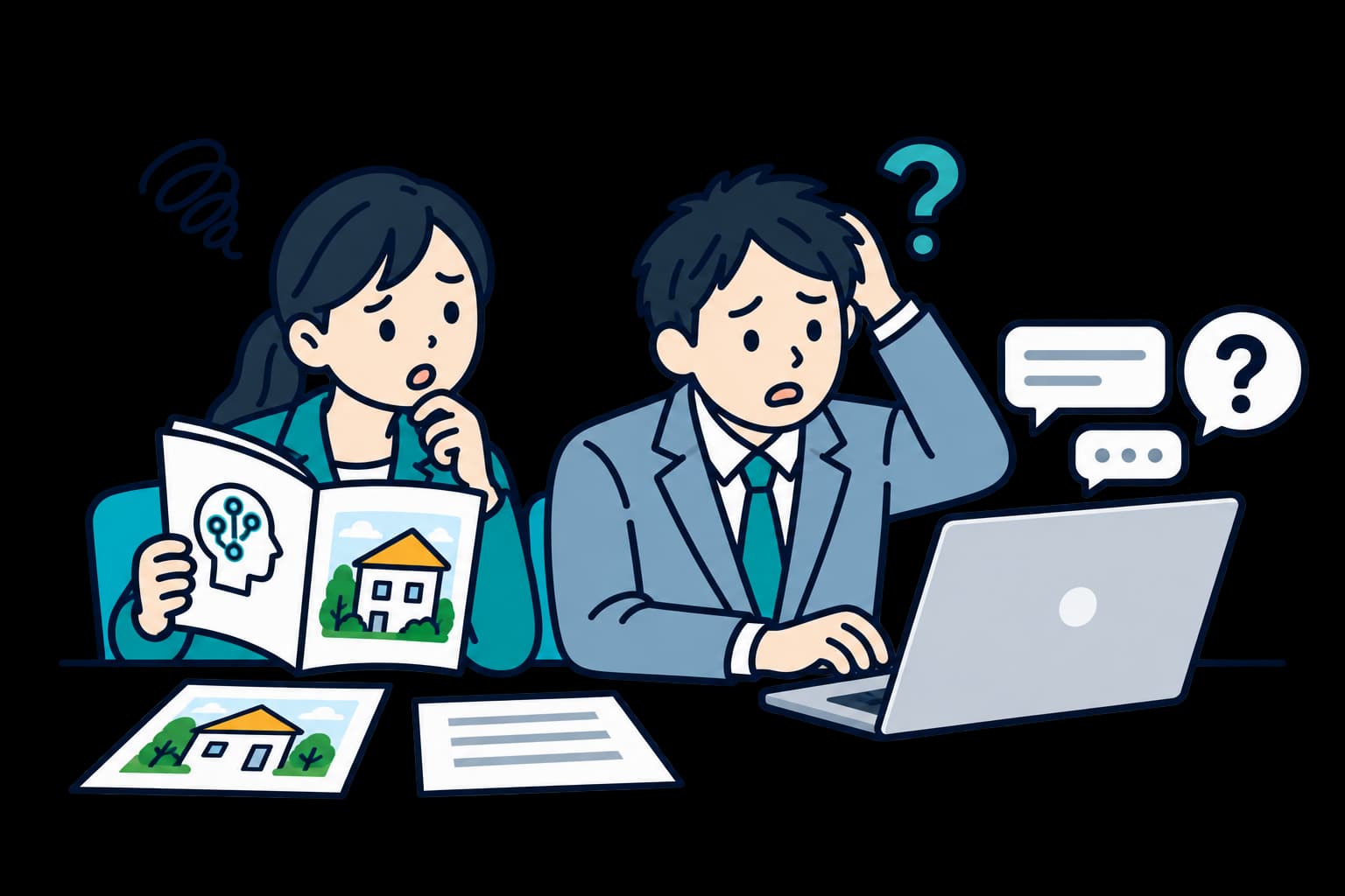 AIの参考書とパソコンを前に、業務での使い方に悩む不動産担当者