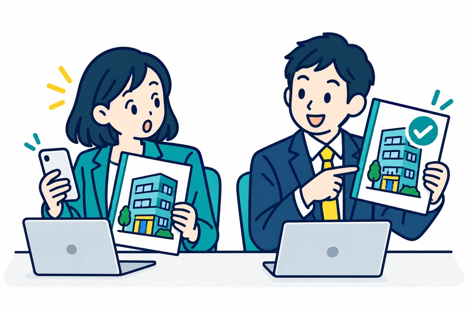 手元と同じ物件を以前に扱った同僚に気づき、重複した作業を始める前に確認するイメージ