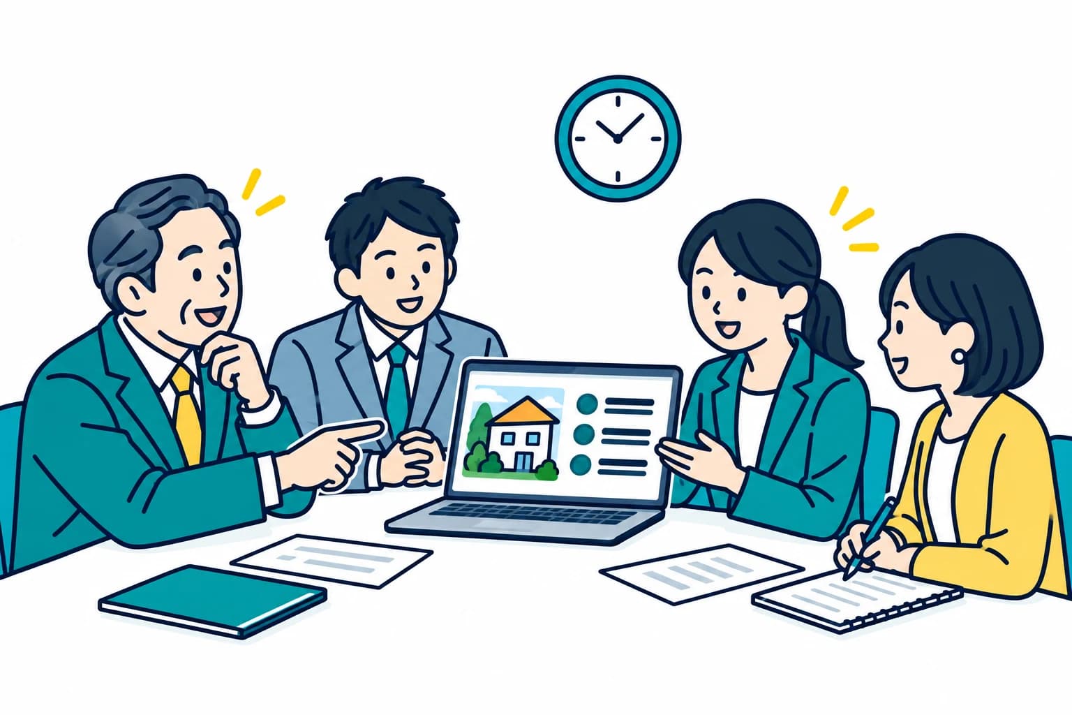 整理された物件情報を一緒に見ながら、社長と営業担当者が仕入れの検討を進めるイメージ