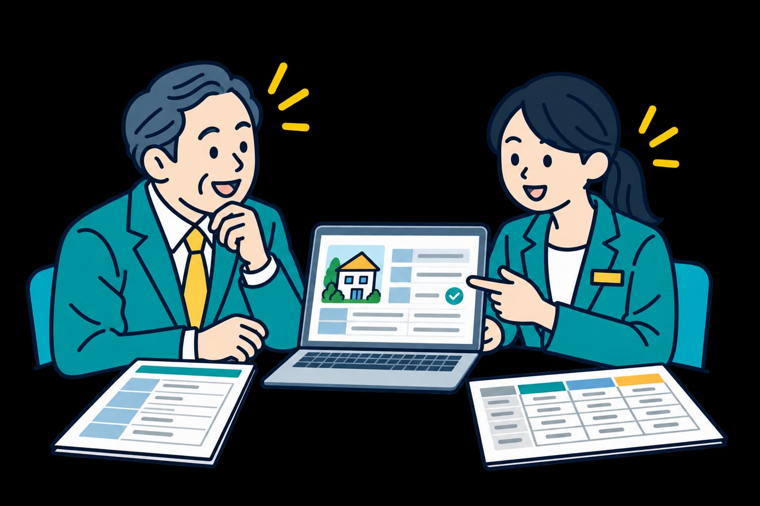 完成した物件概要の表と見積比較を、社員が経営者に共有する場面