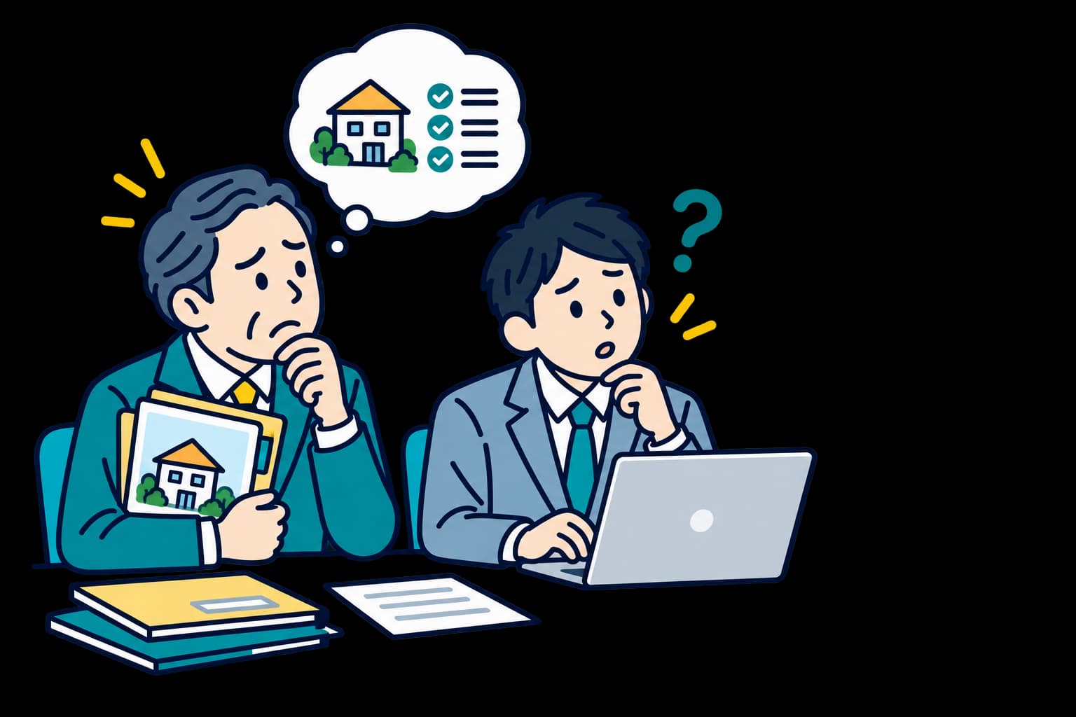 ベテランの判断が引き継がれず、物件資料とパソコンを前に悩む経営者と若手担当者