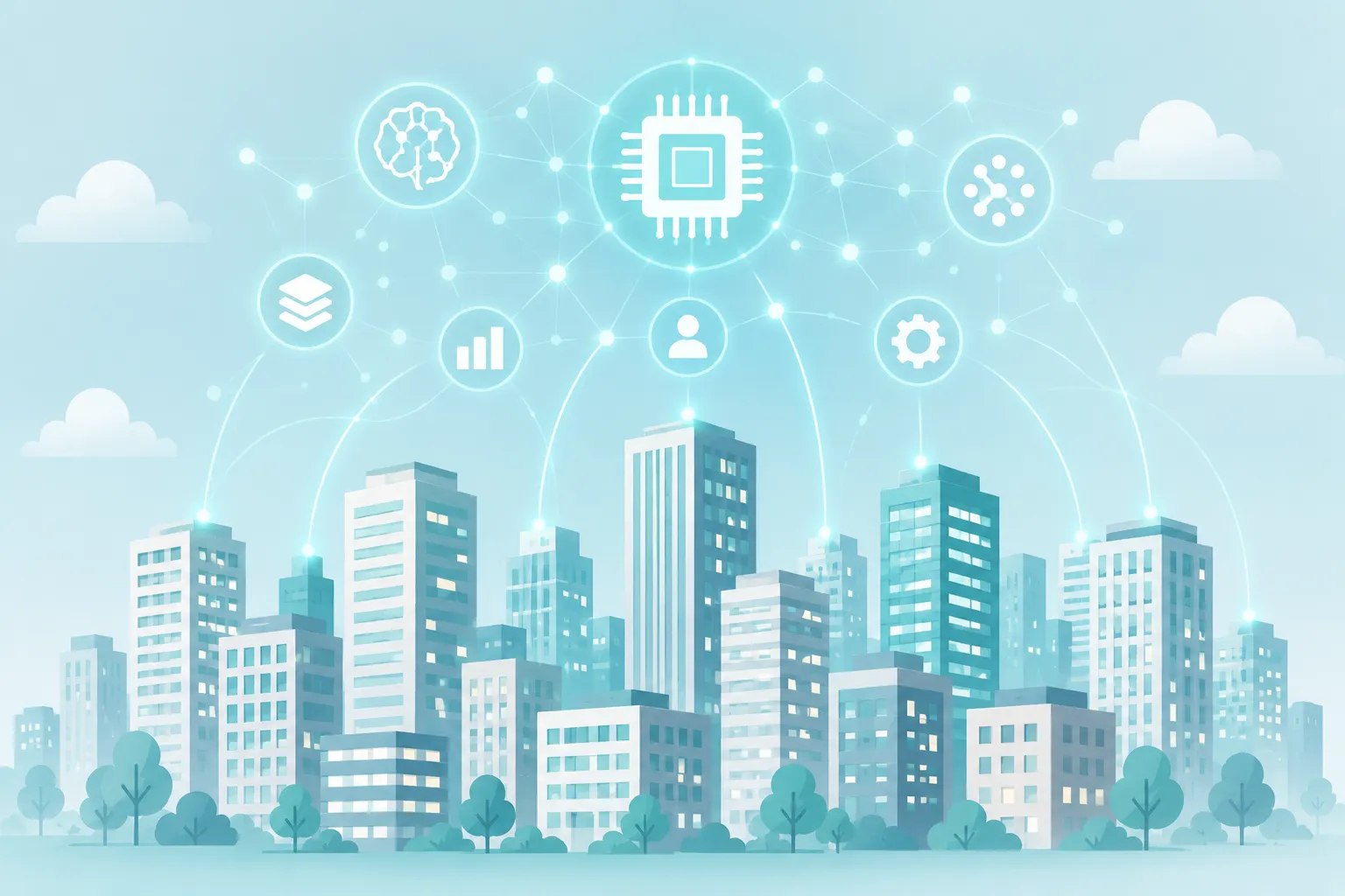 都市のビル群の上空にAIのネットワークが広がる、不動産とAIのイメージイラスト
