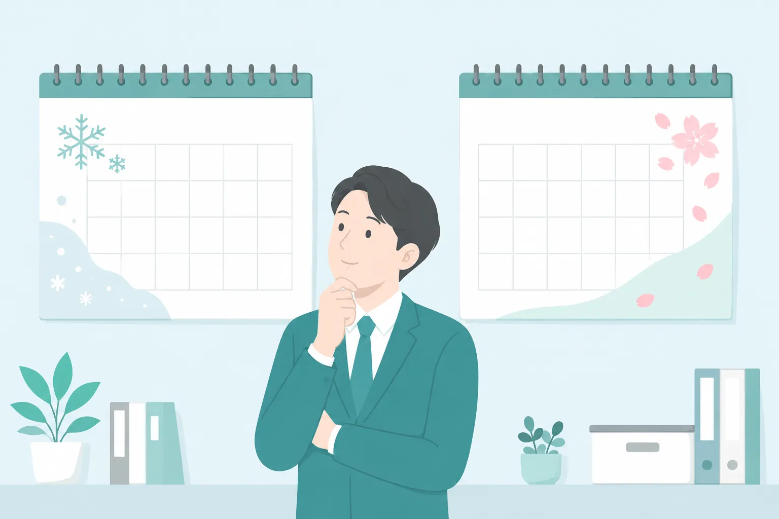 冬と春、2枚のカレンダーを見比べて起算日を考えるビジネスパーソンのイラスト
