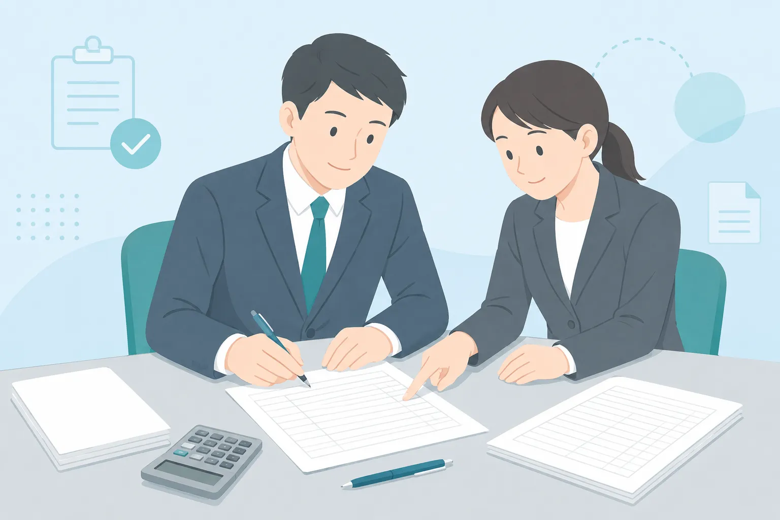 精算書を確認しながら記入する2人のビジネスパーソンのイラスト